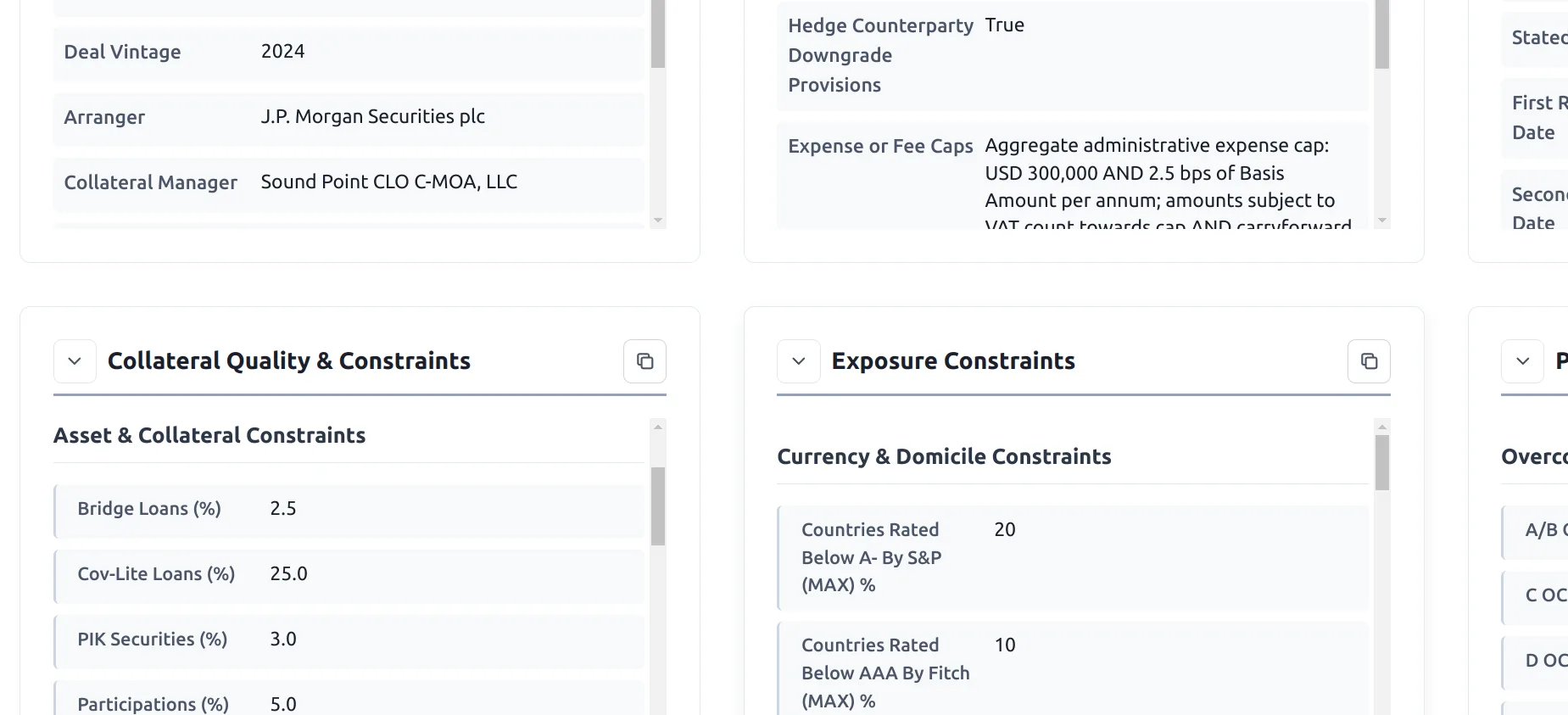 Structured data extracted from a CLO offering circular showing collateral quality constraints and deal details